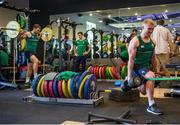 29 September 2015; Ireland's Darren Cave, left, and Keith Earls during a gym session at training. Ireland Rugby Squad Training, 2015 Rugby World Cup, Surrey Sports Park, University of Surrey, Guildford, England. Picture credit: Brendan Moran / SPORTSFILE