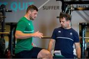 29 September 2015; Ireland's Robbie Henshaw, left, with assistant strength & conditioning coach John Kiely during a gym session at training. Ireland Rugby Squad Training, 2015 Rugby World Cup, Surrey Sports Park, University of Surrey, Guildford, England. Picture credit: Brendan Moran / SPORTSFILE