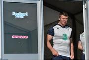30 September 2015; Ireland's Peter O'Mahony arrives for squad training. 2015 Rugby World Cup, Ireland Rugby Squad Training. Surrey Sports Park, University of Surrey, Guildford, England. Picture credit: Brendan Moran / SPORTSFILE