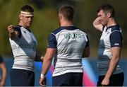 30 September 2015; Ireland back row players, from left, Chris Henry, Sean O'Brien and Peter O'Mahony in conversation during squad training. 2015 Rugby World Cup, Ireland Rugby Squad Training. Surrey Sports Park, University of Surrey, Guildford, England. Picture credit: Brendan Moran / SPORTSFILE