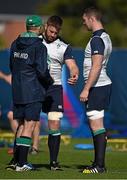 30 September 2015; Ireland head coach Joe Schmidt in conversation with Sean O'Brien, centre, and Peter O'Mahony during squad training. 2015 Rugby World Cup, Ireland Rugby Squad Training. Surrey Sports Park, University of Surrey, Guildford, England. Picture credit: Brendan Moran / SPORTSFILE