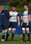 30 September 2015; Ireland head coach Joe Schmidt in conversation with Sean O'Brien, centre, and Peter O'Mahony during squad training. 2015 Rugby World Cup, Ireland Rugby Squad Training. Surrey Sports Park, University of Surrey, Guildford, England. Picture credit: Brendan Moran / SPORTSFILE