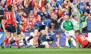 2 May 2009; Leinster's Gordon D'Arcy celebrates after scoring a try with team-mates Shane Horgan and Luke Fitzgerald. Heineken Cup Semi-Final, Munster v Leinster, Croke Park, Dublin. Picture credit: Pat Murphy / SPORTSFILE