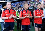 2 May 2009; Dejected Munster players, from left, Keith Earls, Paul Warwick and Ian Dowling after the game. Heineken Cup Semi-Final, Munster v Leinster, Croke Park, Dublin. Picture credit: Brendan Moran / SPORTSFILE