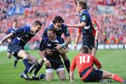 2 May 2009; Gordon D'Arcy, Leinster, celebrates after scoring the first try of the game with team-mates Jonathan Sexton, left, Shane Horgan and Luke Fitzgerald, right. Heineken Cup Semi-Final, Munster v Leinster, Croke Park, Dublin. Picture credit: Matt Browne / SPORTSFILE
