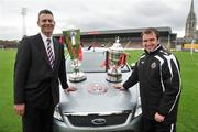 1 May 2009; Pictured at Dalmount Park, where Bohemians manager Pat Fenlon was presented with a Ford Mondeo courtesy of Blanchardstown Ford, is Enda O'Connor, Managing Director, Blanchardstown Ford, left, and Bohemians manager Pat Fenlon. Dalymount Park, Dublin. Picture credit: Brian Lawless / SPORTSFILE