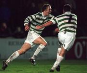 17 December 2000; Patrick Deans of Shamrock Rovers celebrates his goal with team-mate Derek Treacy, 7, during the Eircom League Premier Division match between St Patrick's Athletic and Shamrock Rovers at Richmond Park in Dublin. Photo by Ray McManus/Sportsfile