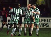 17 December 2000; Paul Keegan of Bray Wanderers, center, is congratulated by team-mates after scoring his side's goal during the Eircom League Premier Division match between Bray Wanderers and Bohemians at Carlisle Grounds in Bray, Wicklow. Photo by Matt Browne/Sportsfile