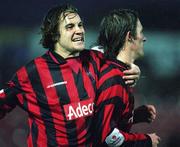17 December 2000; Kevin Hunt of Bohemians celebrates scoring a goal with team-mate Simon Webb during the Eircom League Premier Division match between Bray Wanderers and Bohemians at Carlisle Grounds in Bray, Wicklow. Photo