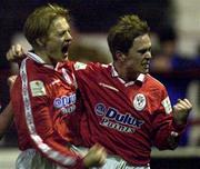 27 December 2000; Richie Baker of Shelbourne, right, celebrates with team-mate Dessie Baker after scoring his sides equalizing goal in the Eircom League Premier Division match between Shelbourne and Shamrock Rovers at Tolka Park in Dublin. Photo by David Maher/Sportsfile