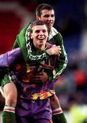 8 May 1998; Republic of Ireland goalkeeper Joe Murphy, and team-mate Liam Miller celebrate following the UEFA Under-16 Championship Final against Italy at McDiarmid Park in Perth, Scotland. Photo by David Maher/Sportsfile