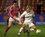 3 January 2001; Stephen Grant of Galway United hold's off the challange from Pat Scully of Shelbourne during the Eircom League Premier Division match between Shelbourne and Galway United at Tolka Park in Dublin. Photo by David Maher/Sportsfile