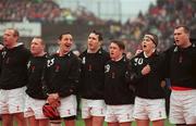 1 April 2000; Welsh players singing the National Anthem ahead of the Lloyds TSB 6 Nations match between Ireland and Wales at Lansdowne Road in Dublin. Photo by Brendan Moran/Sportsfile