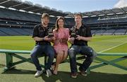 10 June 2013; Laois hurler Cahir Healy, left, and London footballer Mark Gottsche are presented with their GAA / GPA Player of the Month Award, sponsored by Opel, for May, by Laura Condron, Senior Brand and PR Manager Opel Ireland at Croke Park in Dublin. Photo by Barry Cregg/Sportsfile