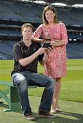 10 June 2013; London footballer Mark Gottsche is presented with his GAA / GPA Player of the Month Award, sponsored by Opel, for May, by Laura Condron, Senior Brand and PR Manager Opel Ireland at Croke Park in Dublin. Photo by Barry Cregg/Sportsfile