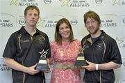 10 June 2013; Laois hurler Cahir Healy, right, and London footballer Mark Gottsche are presented with their GAA / GPA Player of the Month Award, sponsored by Opel, for May, by Laura Condron, Senior Brand and PR Manager Opel Ireland at Croke Park in Dublin. Photo by Barry Cregg/Sportsfile