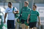 30 September 2015; Ireland players, from left, Rob Kearney, Jamie Heaslip and Eoin Reddan arrive for squad training. 2015 Rugby World Cup, Ireland Rugby Squad Training. Surrey Sports Park, University of Surrey, Guildford, England. Picture credit: Brendan Moran / SPORTSFILE