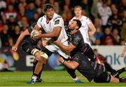 4 September 2015; Nick Williams, Ulster, is tackled by Dmitri Arhip and Joe Bearman, Ospreys. Guinness PRO12, Round 1, Ulster v Osprey. Kingspan Stadium, Belfast. Picture credit: Oliver McVeigh / SPORTSFILE