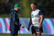 2 October 2015; Ireland head coach Joe Schmidt, left, in conversation with Nathan White during squad training. Ireland Rugby Squad Training, 2015 Rugby World Cup, Surrey Sports Park, University of Surrey, Guildford, England. Picture credit: Brendan Moran / SPORTSFILE