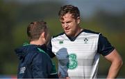 2 October 2015; Ireland's Jamie Heaslip with skills & kicking coach Richie Murphy during squad training. Ireland Rugby Squad Training, 2015 Rugby World Cup, Surrey Sports Park, University of Surrey, Guildford, England. Picture credit: Brendan Moran / SPORTSFILE