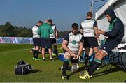 2 October 2015; Ireland's Peter O'Mahony and Conor Murray, right, prepare for squad training. Ireland Rugby Squad Training, 2015 Rugby World Cup, Surrey Sports Park, University of Surrey, Guildford, England. Picture credit: Brendan Moran / SPORTSFILE