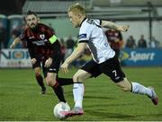 2 October 2015; Daryl Horgan, Dundalk, in action against Mark Salmon, Longford Town. Irish Daily Mail FAI Cup, Semi-Final, Dundalk v Longford Town, Oriel Park, Dundalk, Co. Louth. Picture credit: David Maher / SPORTSFILE