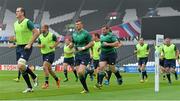 3 October 2015; Ireland players, from left, Devin Toner, Luke Fitzgerald, Sean Cronin, Robbie Henshaw, Eoin Reddan, Mike Ross, Darren Cave and Nathan White take a run out during the captain's run. Ireland Rugby Squad Captain's Run, 2015 Rugby World Cup, Olympic Stadium, Stratford, London, England. Picture credit: Brendan Moran / SPORTSFILE