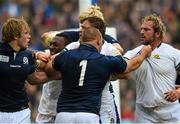 3 October 2015; Players from both teams tussle following South Africa's first try of the game. 2015 Rugby World Cup, Pool B, South Africa v Scotland, St James' Park, Newcastle, England. Picture credit: Ramsey Cardy / SPORTSFILE