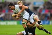 3 October 2015; Francois Louw, South Africa, is tackled by Richie Gray, above, and WP Nel, Scotland. 2015 Rugby World Cup, Pool B, South Africa v Scotland, St James' Park, Newcastle, England. Picture credit: Ramsey Cardy / SPORTSFILE