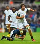 3 October 2015; Lood de Jager, South Africa, is tackled by Fraser Brown, Scotland. 2015 Rugby World Cup, Pool B, South Africa v Scotland, St James' Park, Newcastle, England. Picture credit: Ramsey Cardy / SPORTSFILE