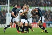 3 October 2015; Francois Louw, South Africa is tackled by Duncan Weir and Blair Cowan, Scotland. 2015 Rugby World Cup, Pool B, South Africa v Scotland, St James' Park, Newcastle, England. Picture credit: Ramsey Cardy / SPORTSFILE