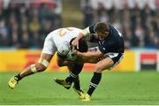 3 October 2015; Damian de Allende, South Africa, is tackled by Duncan Weir, Scotland. 2015 Rugby World Cup, Pool B, South Africa v Scotland, St James' Park, Newcastle, England. Picture credit: Ramsey Cardy / SPORTSFILE