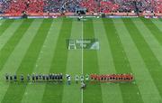 2 May 2009; The Leinster and Munster teams stand for a minute silence in memory of the late Dr. Karl Mullen. Heineken Cup Semi-Final, Munster v Leinster, Croke Park, Dublin. Picture credit: Ray McManus / SPORTSFILE