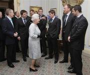 7 May 2009; Her Majesty the Queen is introduced to Irish players Jamie Heaslip, Ronan O'Gara, Mick O'Driscoll and Rob Kearney by team captain Brian O'Driscoll at a civic reception for Ireland Rugby Squad on the second day of her visit to Northern Ireland. Hillsborough Castle, Hillsborough, Co. Down. Picture credit: SPORTSFILE/ Niall Carson / PA POOL *** Local Caption *** SPORTSFILE/ Niall Carson / PA POOL