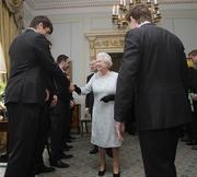 7 May 2009; Her Majesty the Queen is introduced to Denis Leamy and Donncha O'Callaghan, left, by team captain Brian O'Driscoll at a civic reception for Ireland Rugby Squad on the second day of her visit to Northern Ireland. Hillsborough Castle, Hillsborough, Co. Down. Picture credit: SPORTSFILE/ Niall Carson / PA POOL *** Local Caption *** SPORTSFILE/ Niall Carson / PA POOL