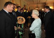 7 May 2009; Her Majesty the Queen is introduced to Ulster members of the Irish rugby squad, Tom Court, left, with the RBS Six Nations trophy, Stephen Ferris with the Triple Crown trophy, in the company of team captain Brian O'Driscoll, during a Civic Reception for the Ireland rugby squad. Hillsborough Castle, Hillsborough, Co. Down. Picture credit: SPORTSFILE / John Harrison/ Harrisons POOL