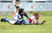 9 May 2009; Paul Campbell, Old Wesley, scores his side's first try despite the attentions of Paul McCreanor, Corinthians. AIB League Division 3 Final, Old Wesley v Corinthians, Dooradoyle, Limerick. Picture credit: Brendan Moran / SPORTSFILE