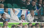 3 October 2015; England head coach Stuart Lancaster, centre left, alongside Andy Farrell, left, and Ghraham Rowntree, right, reacts during the game. 2015 Rugby World Cup, Pool A, England v Australia, Twickenham Stadium, London, England. Picture credit: Brendan Moran / SPORTSFILE
