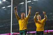 3 October 2015; Australia's Michael Hooper, left, and David Pocock, applaud the crowd after the game. 2015 Rugby World Cup, Pool A, England v Australia, Twickenham Stadium, London, England. Picture credit: Brendan Moran / SPORTSFILE