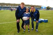 3 October 2015; Matchday mascot Paddy Owens, age 8, from Meath, with Leinster's Tom Denton, left, and Colm O'Shea ahead of the Guinness PRO12, Round 3, clash between Leinster and Newport Gwent Dragons at the RDS, Ballsbridge, Dublin. Picture credit: Stephen McCarthy / SPORTSFILE
