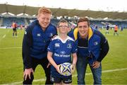 3 October 2015; Matchday mascot Cody Denton, age 10, from Wexford, with Leinster's Tom Denton, left, and Colm O'Shea ahead of the Guinness PRO12, Round 3, clash between Leinster and Newport Gwent Dragons at the RDS, Ballsbridge, Dublin. Picture credit: Stephen McCarthy / SPORTSFILE