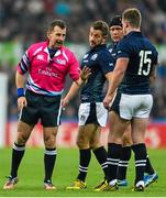 3 October 2015; Referee Nigel Owens speaks with Stuart Hogg, Scotland. 2015 Rugby World Cup, Pool B, South Africa v Scotland, St James' Park, Newcastle, England. Picture credit: Ramsey Cardy / SPORTSFILE