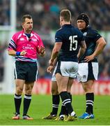 3 October 2015; Referee Nigel Owens speaks with Stuart Hogg, Scotland. 2015 Rugby World Cup, Pool B, South Africa v Scotland, St James' Park, Newcastle, England. Picture credit: Ramsey Cardy / SPORTSFILE