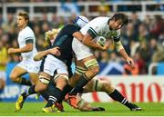 3 October 2015; Lood de Jager, South Africa, is tackled by Blair Cowan, left, and Richie Gray, Scotland . 2015 Rugby World Cup, Pool B, South Africa v Scotland, St James' Park, Newcastle, England. Picture credit: Ramsey Cardy / SPORTSFILE