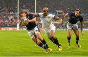 3 October 2015; Duncan Weir, Scotland, is tackled by JP Pietersen, South Africa. 2015 Rugby World Cup, Pool B, South Africa v Scotland, St James' Park, Newcastle, England. Picture credit: Ramsey Cardy / SPORTSFILE