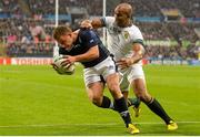 3 October 2015; Duncan Weir, Scotland, is tackled by JP Pietersen, South Africa. 2015 Rugby World Cup, Pool B, South Africa v Scotland, St James' Park, Newcastle, England. Picture credit: Ramsey Cardy / SPORTSFILE