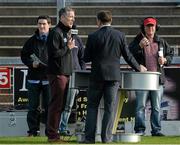 4 October 2015; New Derry senior football manager Damian Barton is interviewed by TG4 before the game. Derry County Senior Football Championship Final, Coleraine v Slaughtneil, Celtic Park, Derry. Picture credit: Oliver McVeigh / SPORTSFILE