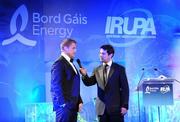 6 May 2009; Tyrone Crystal Try of the Year winner Jamie Heaslip being interviewed by MC Craig Doyle at the Bord Gais Energy IRUPA Rugby Player Awards. Burlington Hotel, Dublin. Picture credit: Brendan Moran / SPORTSFILE