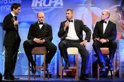 6 May 2009; Former British and Irish Lions players Lawrence Dallaglio, 2nd from left, and Jeremy Davidson and current Lions captain Paul O'Connell speaking with McCraig Doyle at the Bord Gais Energy IRUPA Rugby Player Awards. Burlington Hotel, Dublin. Picture credit: Brendan Moran / SPORTSFILE