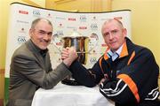 12 May 2009; Tyrone manager Mickey Harte, left, and Armagh manager Peter McDonnell at the launch of the GAA Football Ulster Senior Championships. Armagh City Hotel, Armagh. Picture credit: Oliver McVeigh / SPORTSFILE